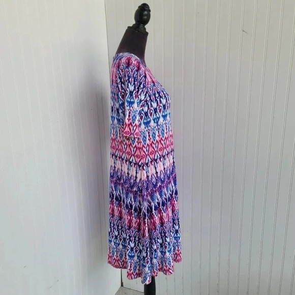 Chico’s Pastel Ikat Print Keyhole Short Dress Warm Multi Size 0 Small Blue Pink - Picture 10 of 12